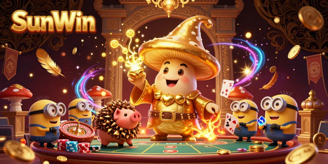 Experience thrilling gameplay at SunWin with a magical casino scene featuring a golden mushroom wizard and riches.