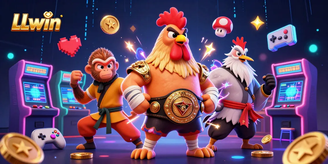 Engage with LLwin's vibrant 3D casino scene showcasing Muay Thai and Shaolin characters amid arcade machines.