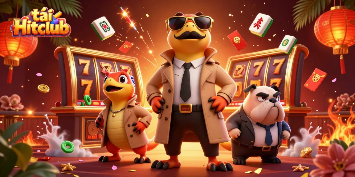 Play exciting games with tải Hitclub in a vivid casino scene featuring fun characters and vibrant elements.