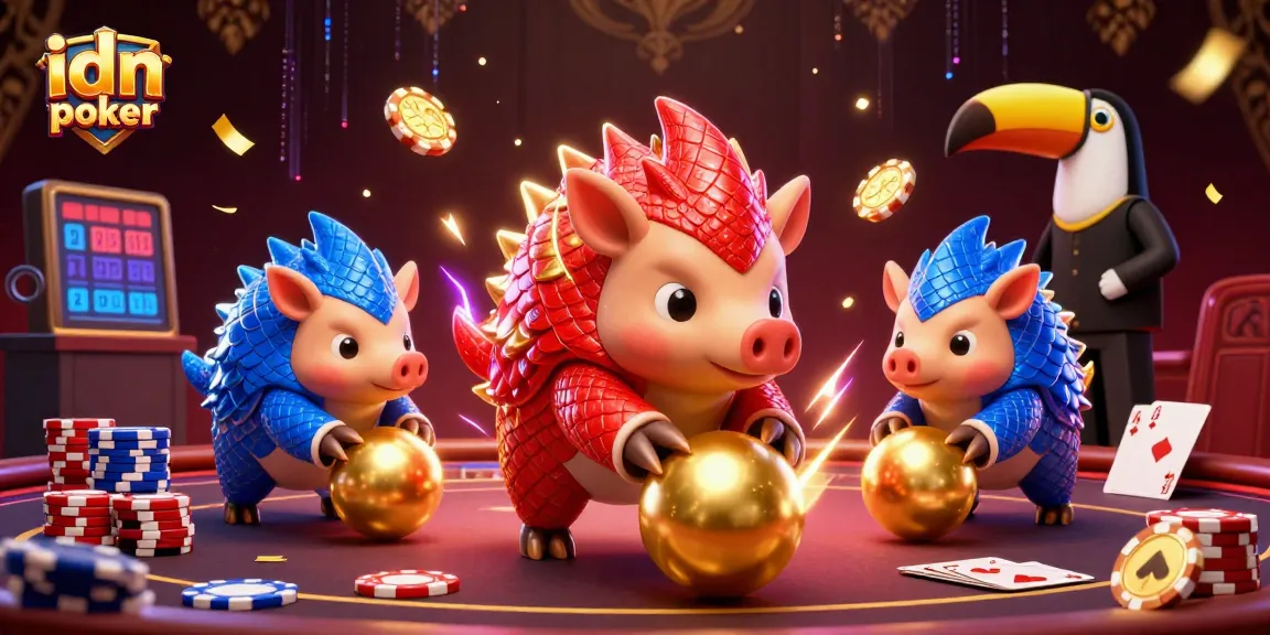 Permainan IDN Poker yang seru dengan pangolin bertarung, tumpukan chip poker, dan elemen kasino yang dinamis.