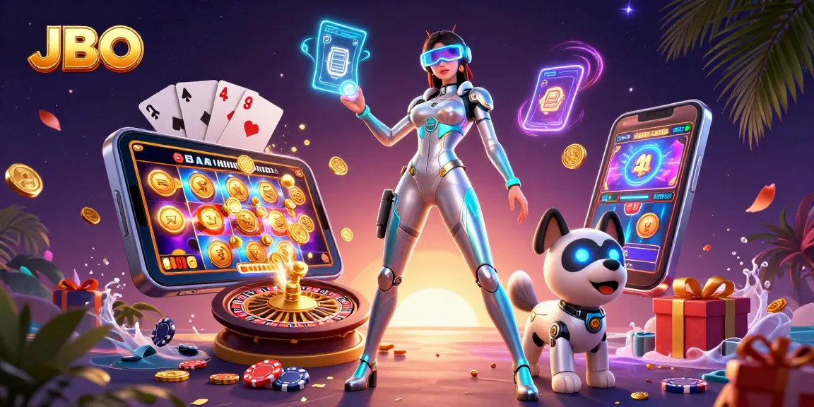 Experience thrilling games at JBO with a vibrant 3D casino scene showcasing dynamic gaming elements.