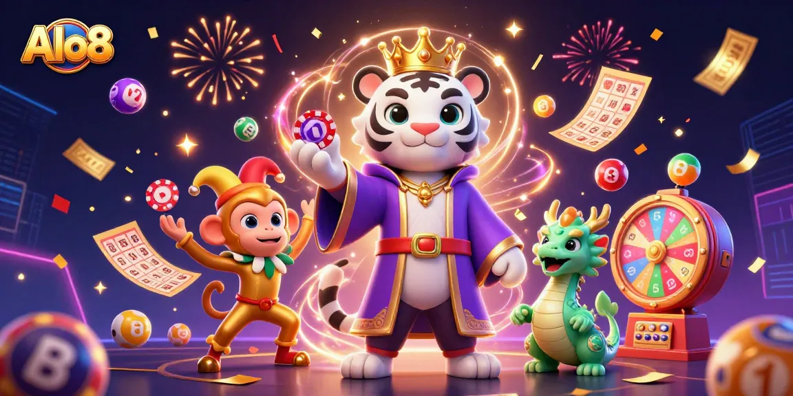 Alo8 brings vibrant excitement with a 3D illustration showcasing a majestic white tiger and playful monkey in a festive casino scene.