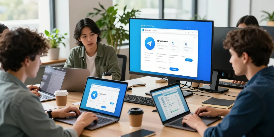 在现代办公室里,用户们通过电脑访问Telegram网页版,展示了友好的用户界面,营造出协作和创造的氛围。