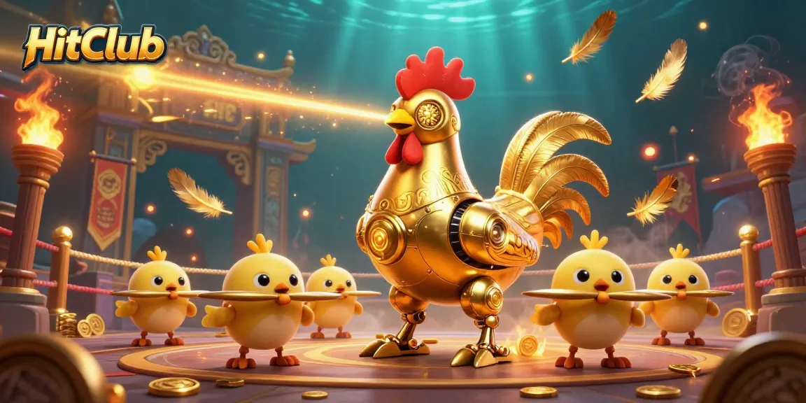 Experience the excitement of betting at HitClub with 3D golden rooster robot and chick drones in action.
