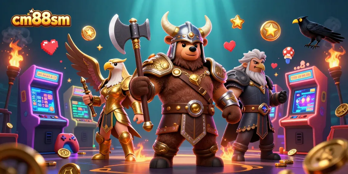 Engage in thrilling gaming action with cm88sm's Viking and Valkyrie guardians amidst vibrant casino elements.
