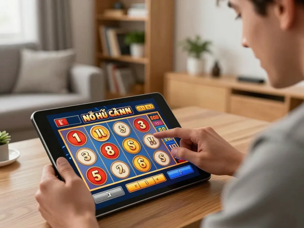 Engaging gameplay of nổ hũ đổi thưởng on a tablet, vibrant atmosphere in a modern living space.