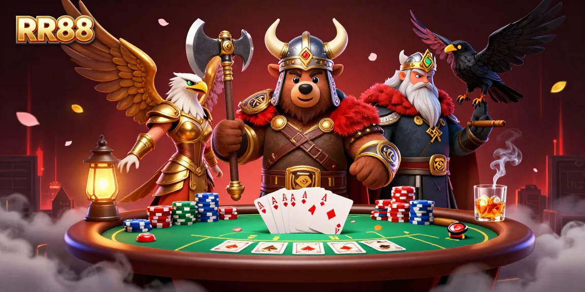 RR88 brings excitement as a Viking bear battles at poker tables surrounded by vibrant casino elements.
