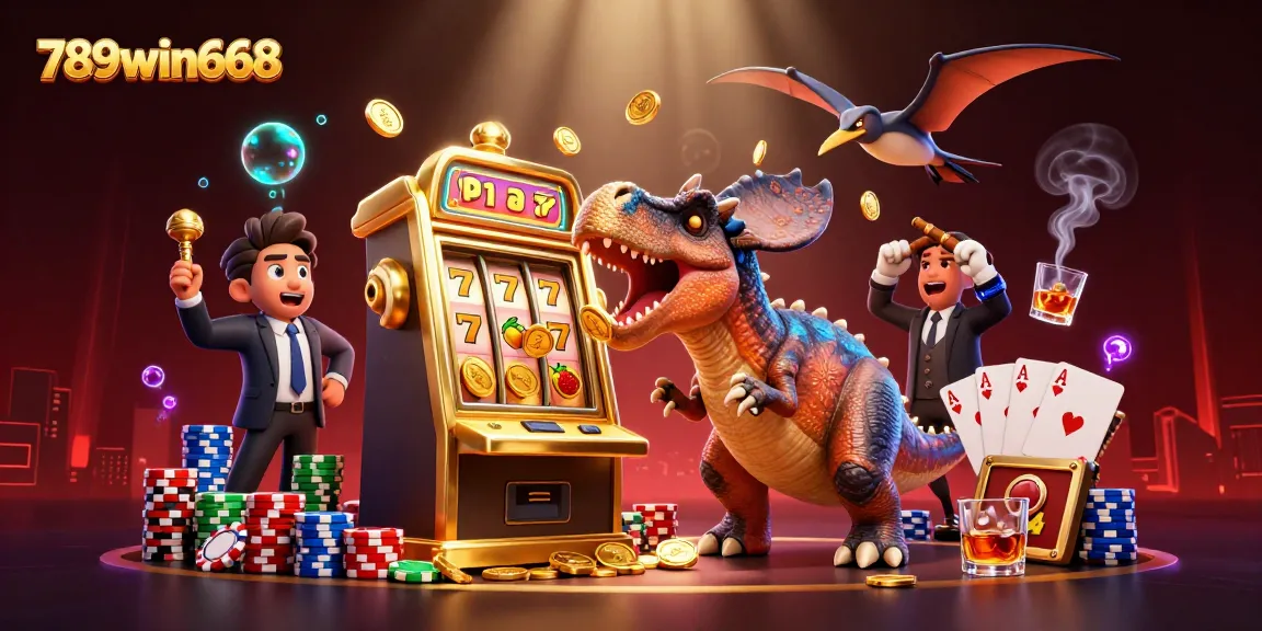 Catch the jackpot with 789win668 at a vibrant casino scene featuring cartoon dinosaurs!