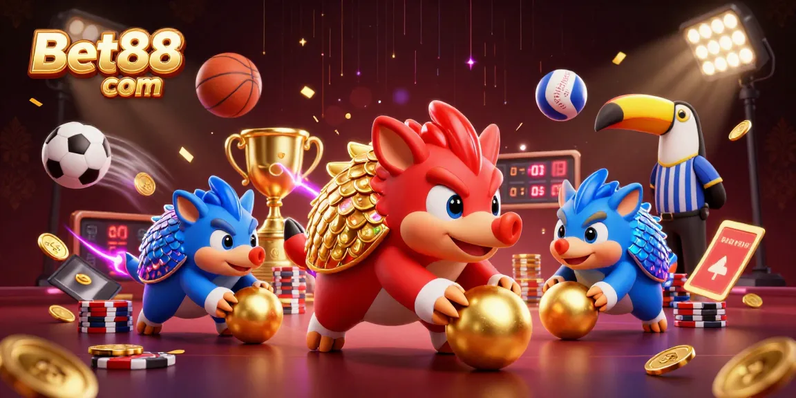 Bet88 com features dynamic gaming action with rival pangolins, poker chips, and sports elements.