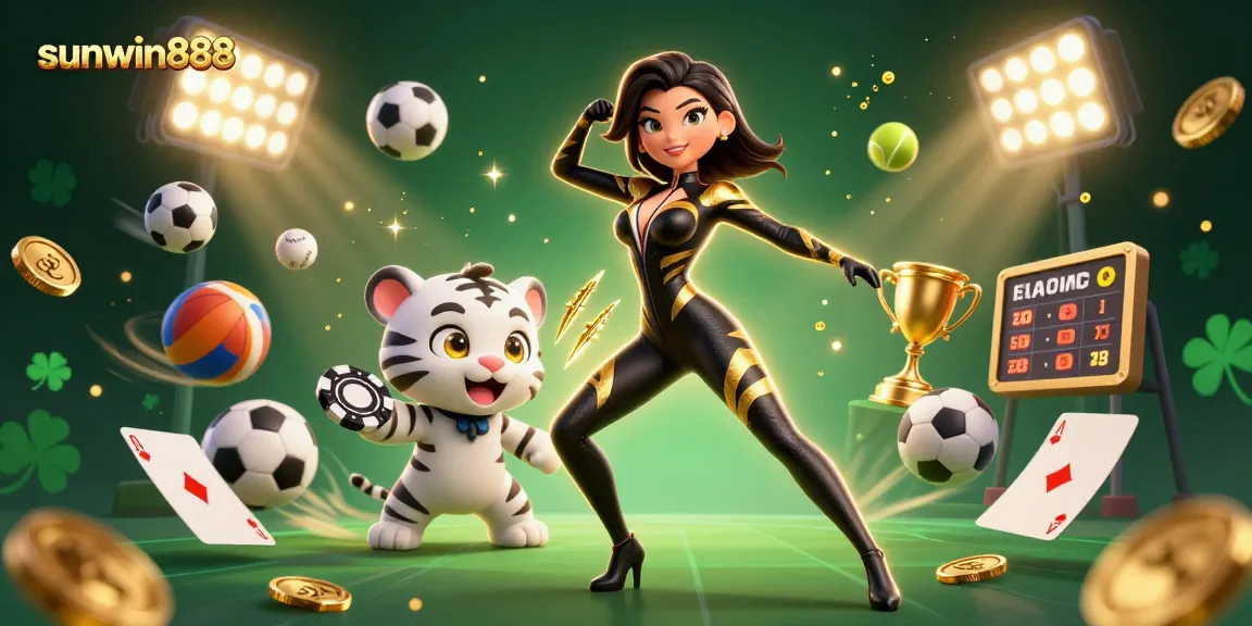 Play to win with sunwin888 in an exciting 3D casino scene filled with sports betting elements.