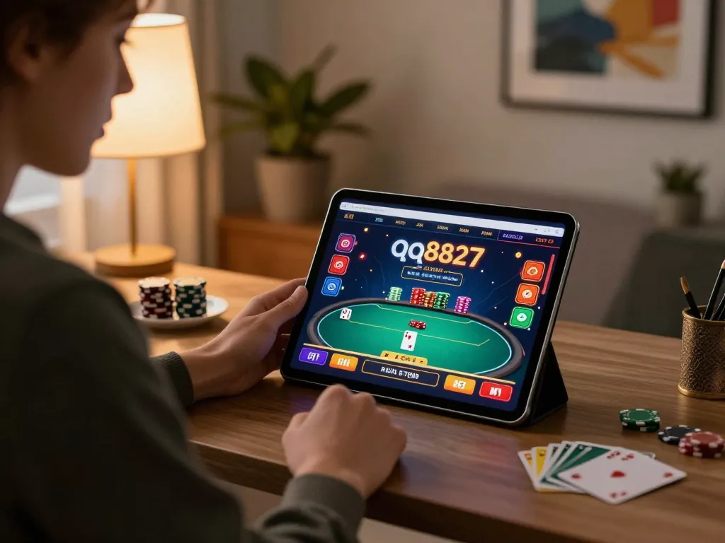 Engaging online gambling experience on qq8827 with a player focused on their tablet in a stylish home environment.