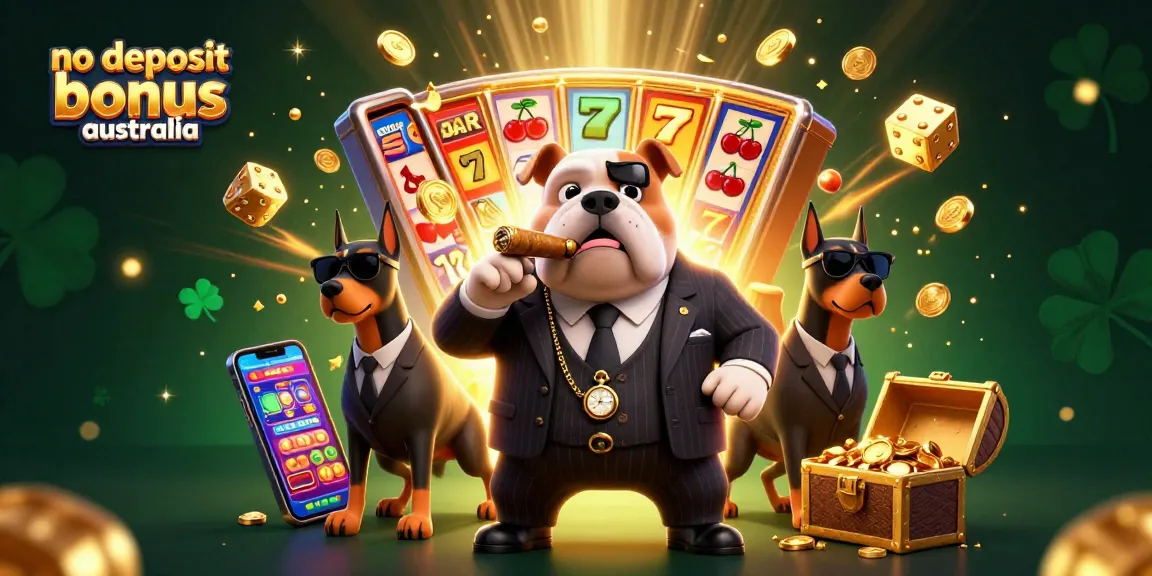 No deposit bonus Australia: dynamic 3D casino scene featuring a bulldog mafia boss and jackpots.