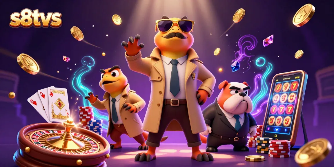 S8TV presents three cartoon raptors in a trench coat attempting to enter a VIP casino, surrounded by captivating gambling elements.