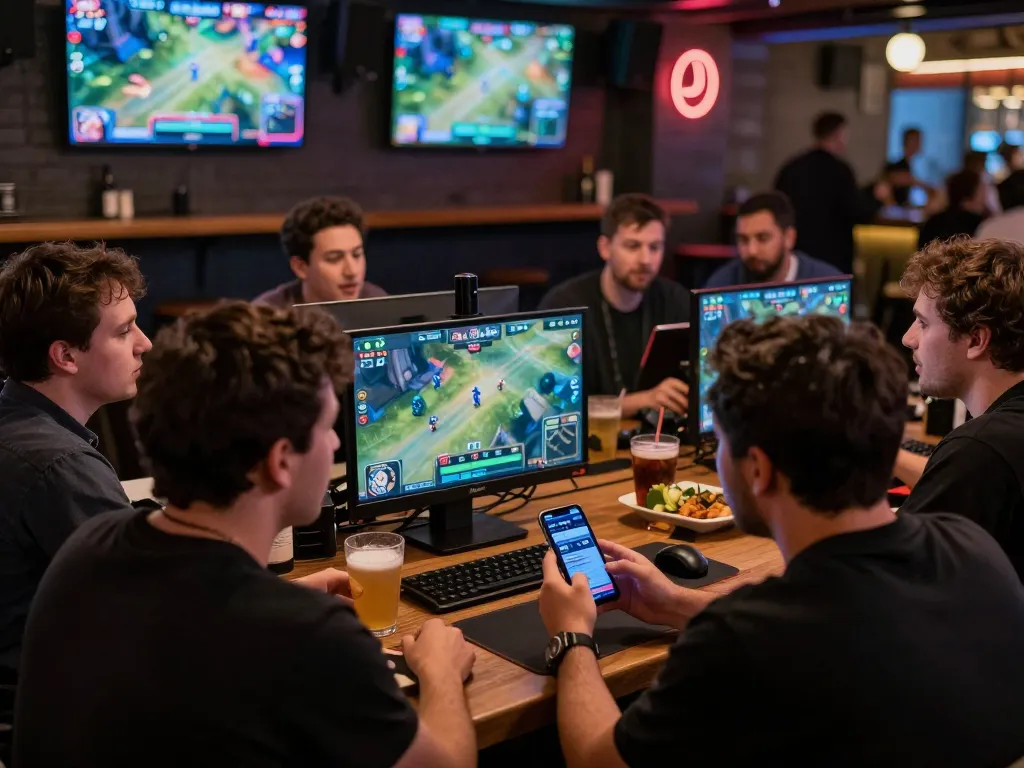 Excited gamblers using llwin to place live bets during a thrilling esports match.
