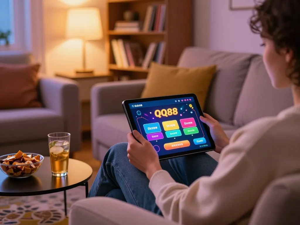Playing QQ88 online casino games on a tablet in a cozy home setup
