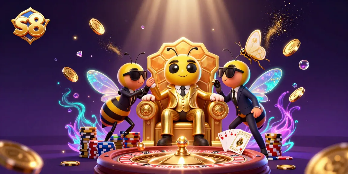 S8's captivating casino scene featuring a bumblebee mob boss amidst cascading golden wins and thrilling game action.