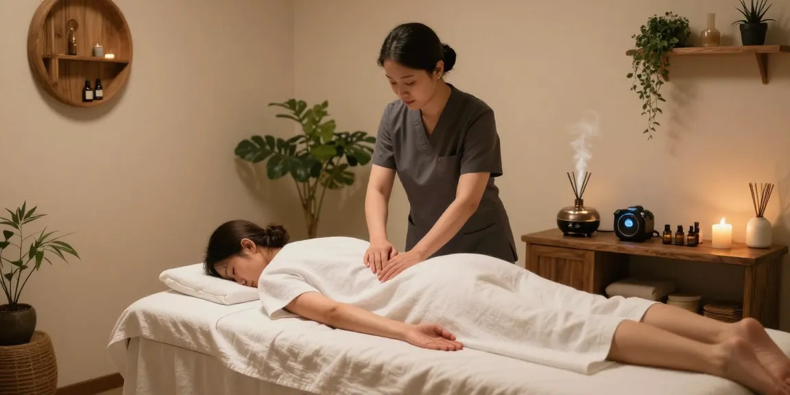 Relaxing 용인출장마사지 scene in a tranquil wellness spa with ambient lighting and soothing décor.