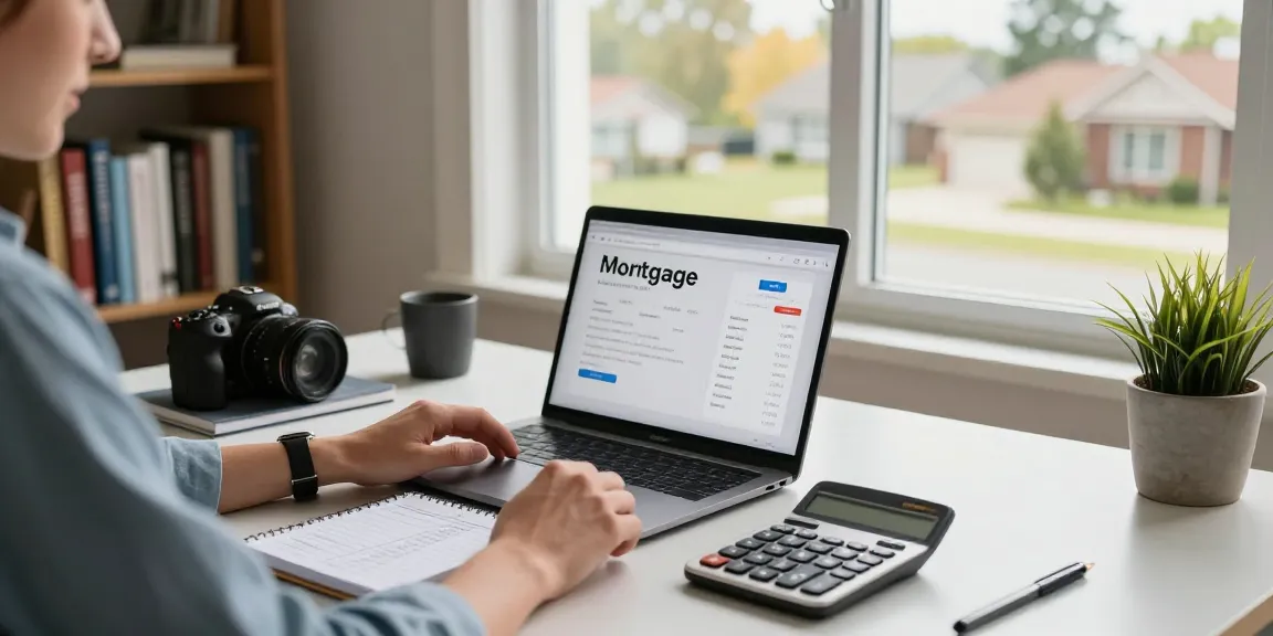 Calculating mortgage payments using a calculator and laptop in a bright home office setting to calcular hipoteca.