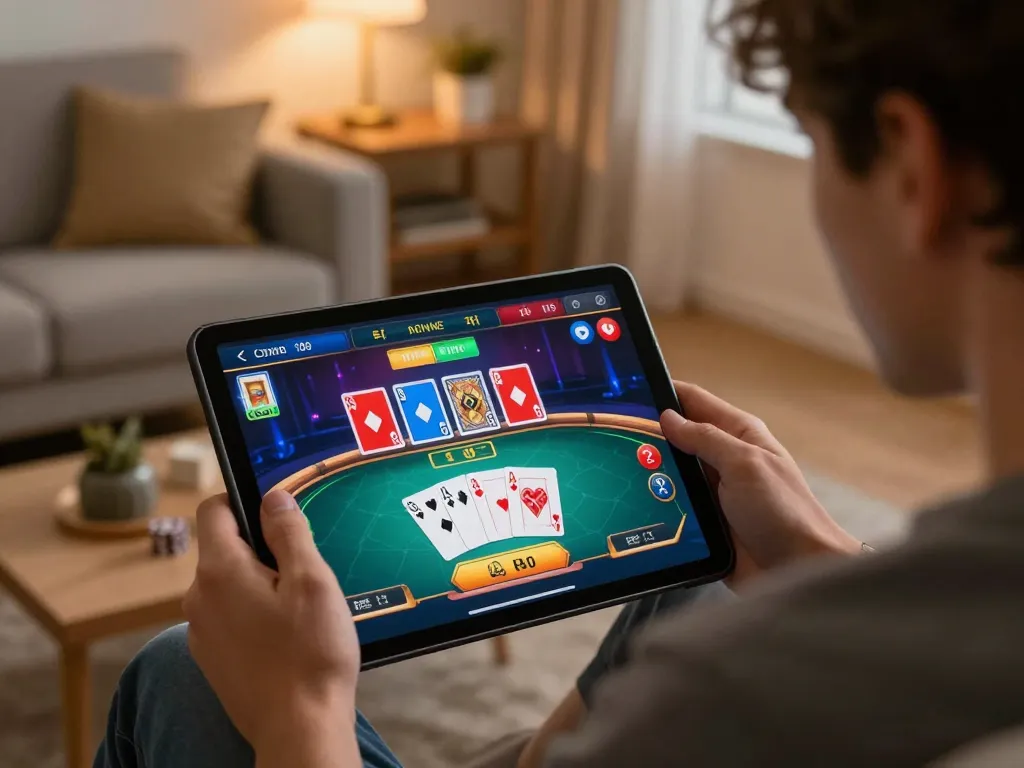 Engaging online player at MV66 using a tablet for live dealer games, showcasing strategic gambling.