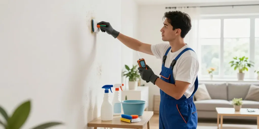 Desinfección de moho en Barcelona, técnico evaluando crecimiento de moho en pared en un hogar limpio.