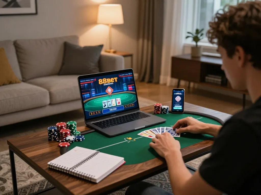 Player engaging with 88bet casino app on laptop, showcasing an immersive home gaming atmosphere.