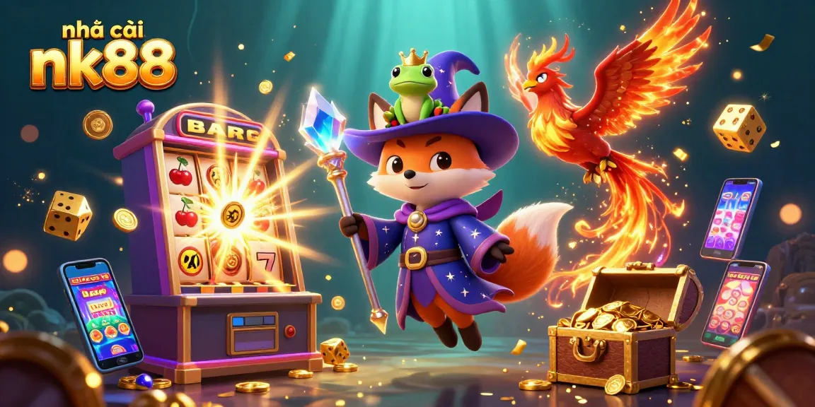 Engage with nhà cái nk88 through an exciting 3D illustration featuring a wizard fox and casino elements.