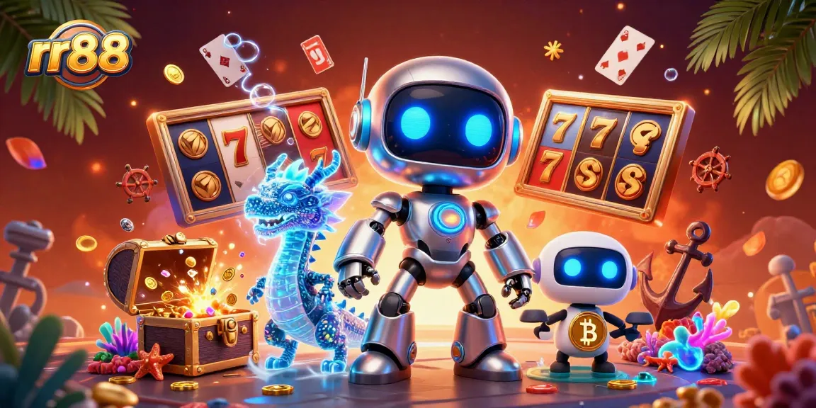 Experience thrilling wins at rr88 with a vibrant 3D casino scene showcasing gold coins, slot elements, and engaging characters.