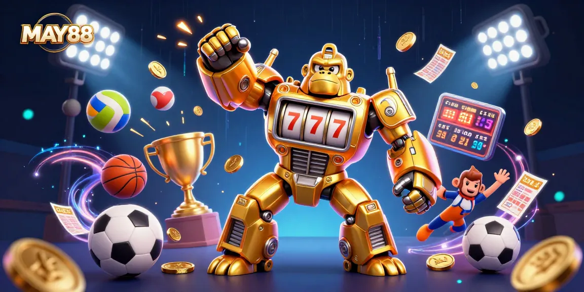 MAY88 showcases a vibrant 3D illustration of a golden gorilla mech representing exceptional gaming excitement.