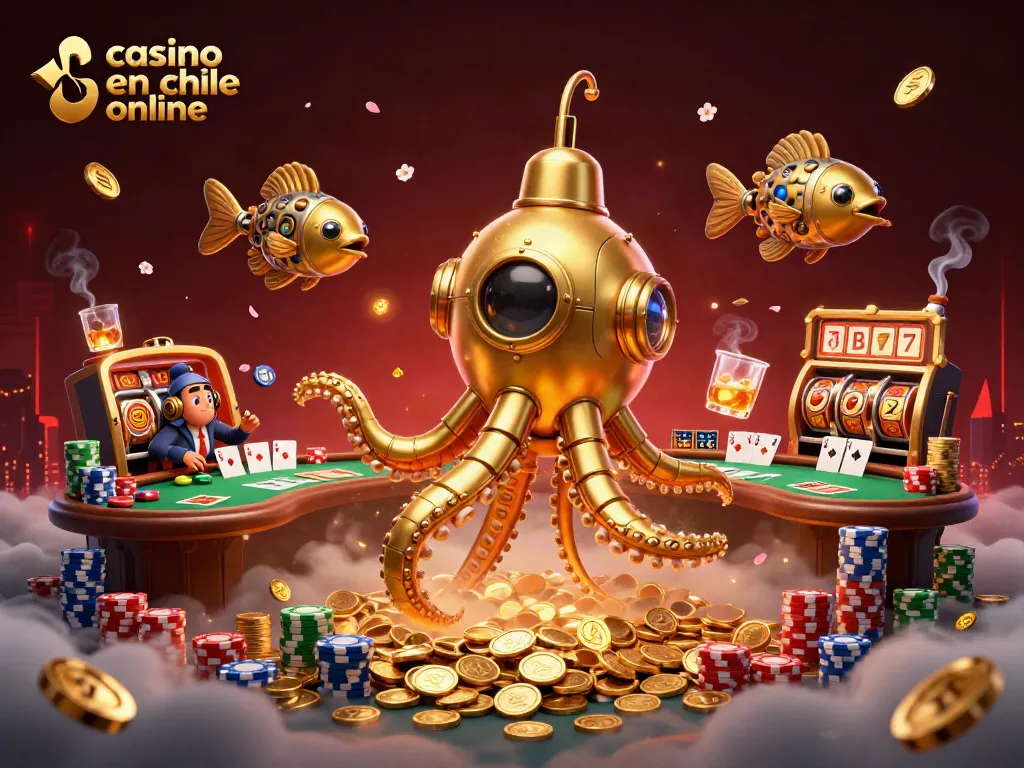 Juega en un emocionante casino en línea en Chile con un submarino kraken en un mar de monedas doradas.