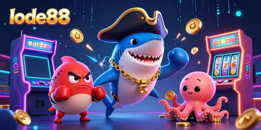 Engage with exciting games at lode88 featuring a pirate shark with golden coins in a vibrant casino scene.