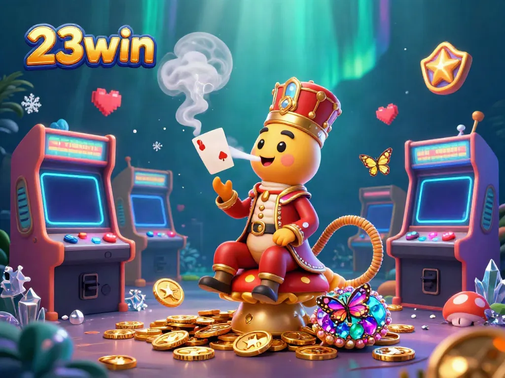 Engage with 23win's vibrant gaming world featuring an elaborate caterpillar master among dynamic gaming elements.