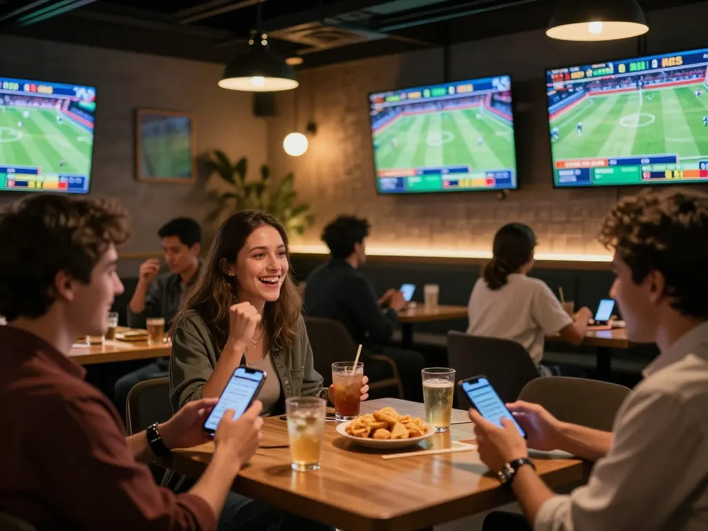 GG88 players celebrating a winning sports bet in a vibrant lounge environment.