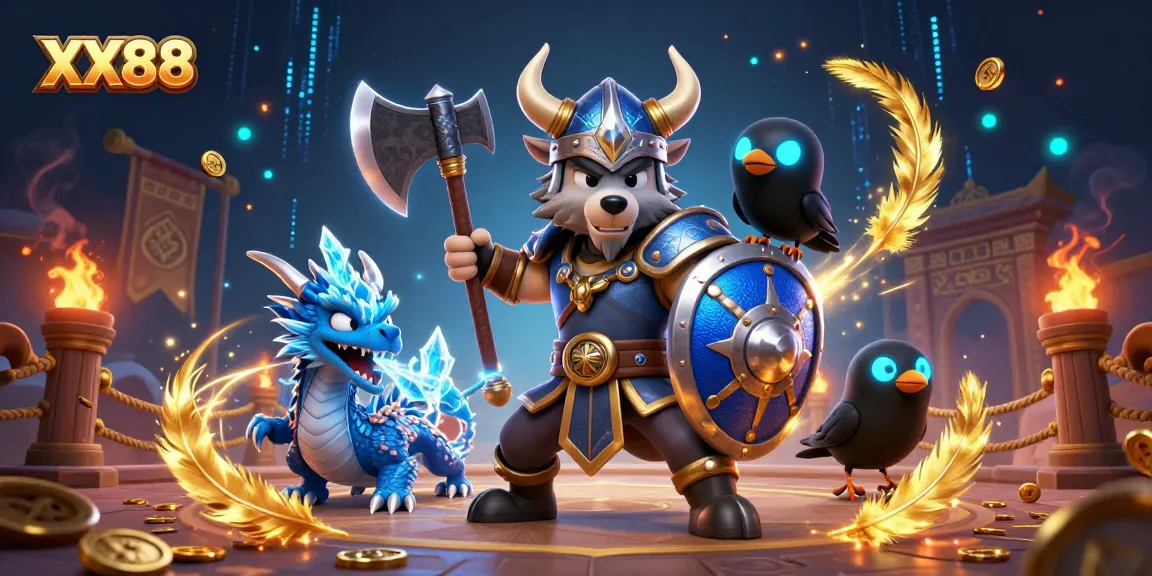 Experience thrilling gameplay with XX88's Viking warrior and dragon character illustration featuring dynamic casino elements.
