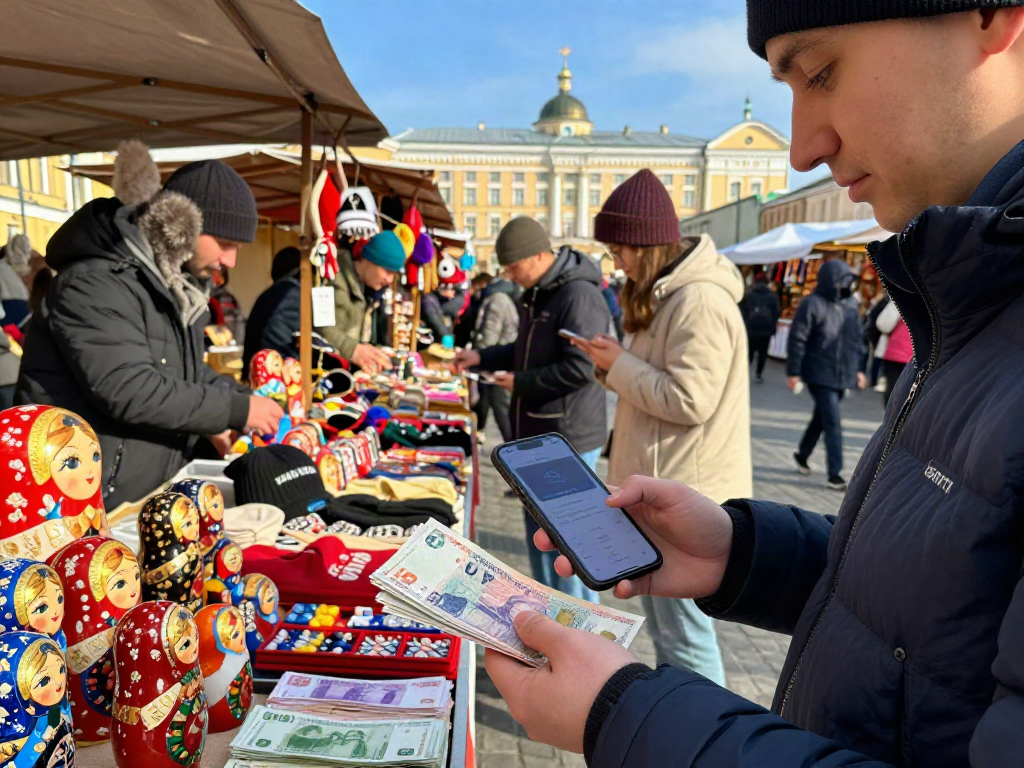 Uso de la app https://payinrussia.com/ por un turista en un mercado ruso, mostrando productos locales y arquitectura.