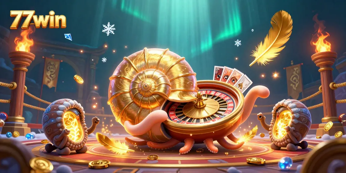 Experience thrilling gameplay at 77win with a nautilus-themed casino adventure featuring golden spirals and cards.