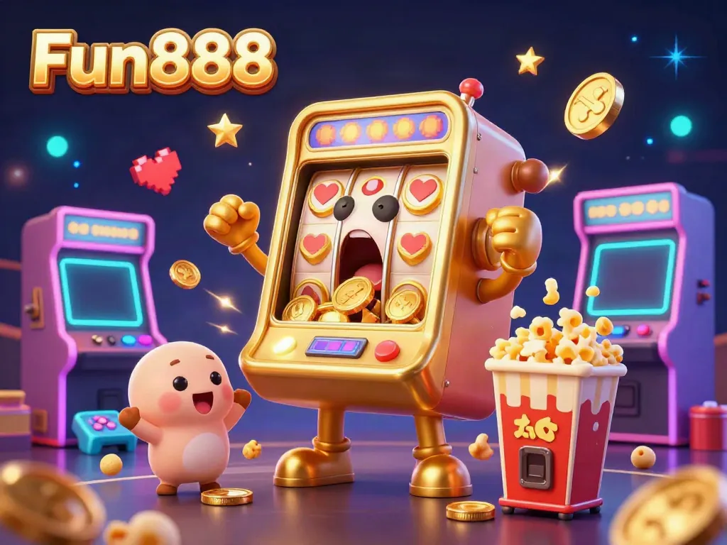 Enjoy the excitement of winning with Fun888 at this vibrant casino-themed illustration featuring celebrating slot machines.