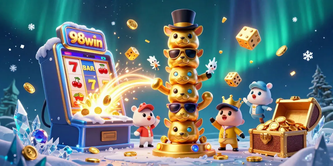 Experience thrilling wins at 98win with vibrant casino elements bursting forth in an immersive illustration.