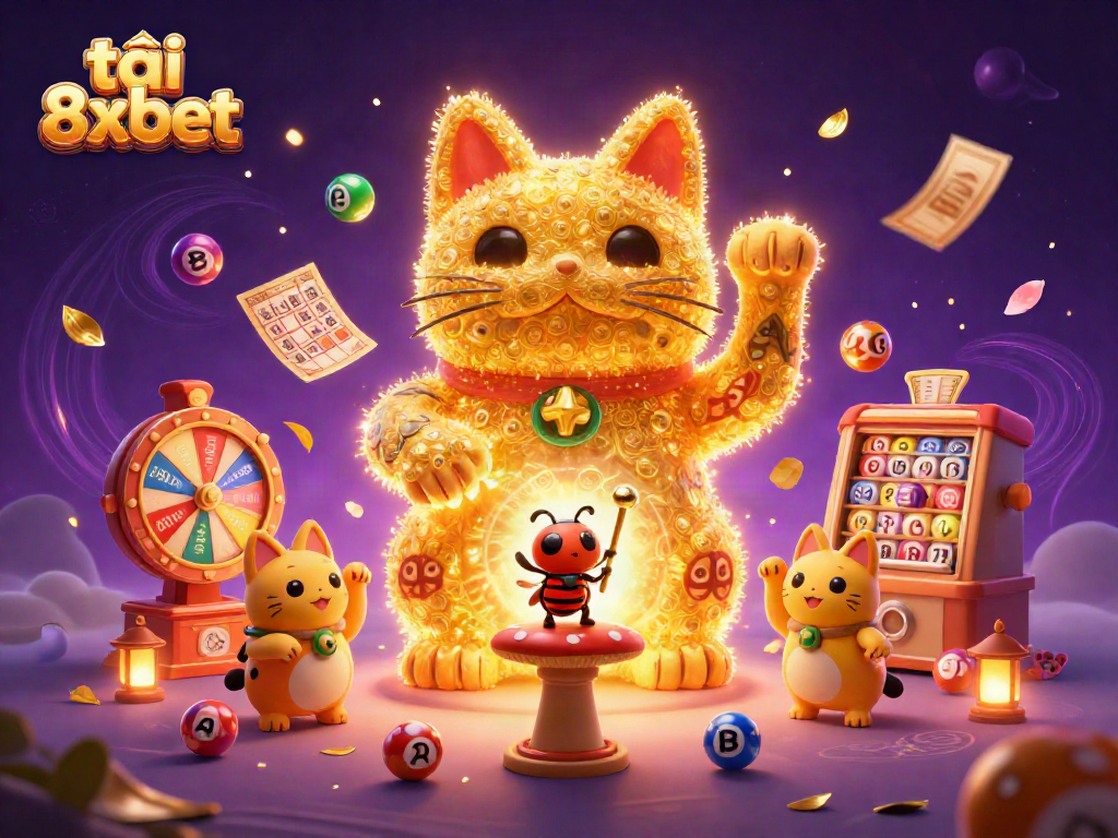 Engage with the colorful excitement of tải 8xbet featuring a lucky cat in a vibrant casino scene.