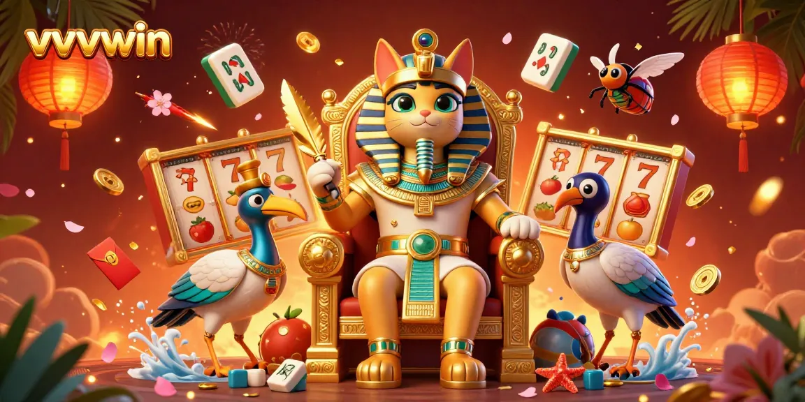 Exciting vvvwin casino scene featuring an Egyptian pharaoh cat with slot reels and festive elements.