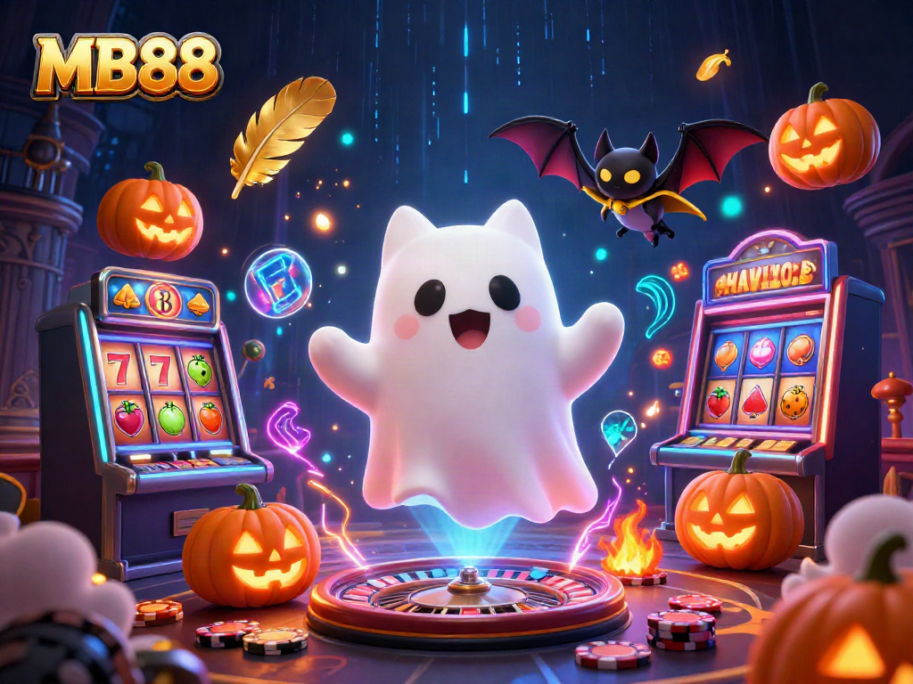 MB88 showcases a ghost cat playing slots, illuminated by glowing poker pumpkins in a haunted casino.