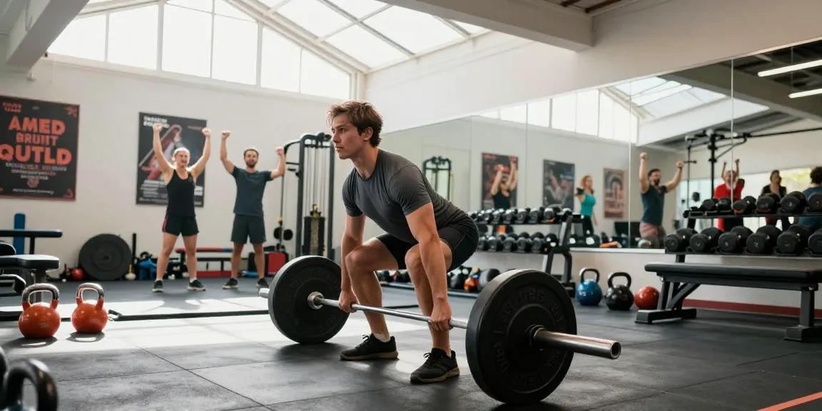 Entrenador en Esteroidesshop levantando pesas en un gimnasio moderno.