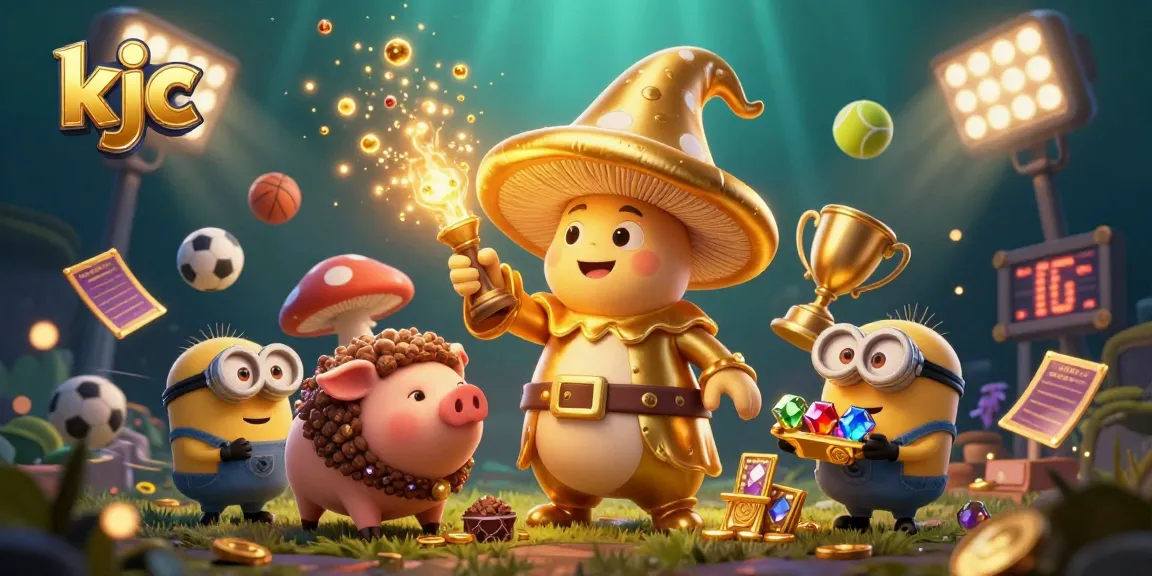 KJC showcases an enchanting scene where a golden mushroom wizard and friends celebrate with dynamic sports elements, capturing the spirit of online gaming.