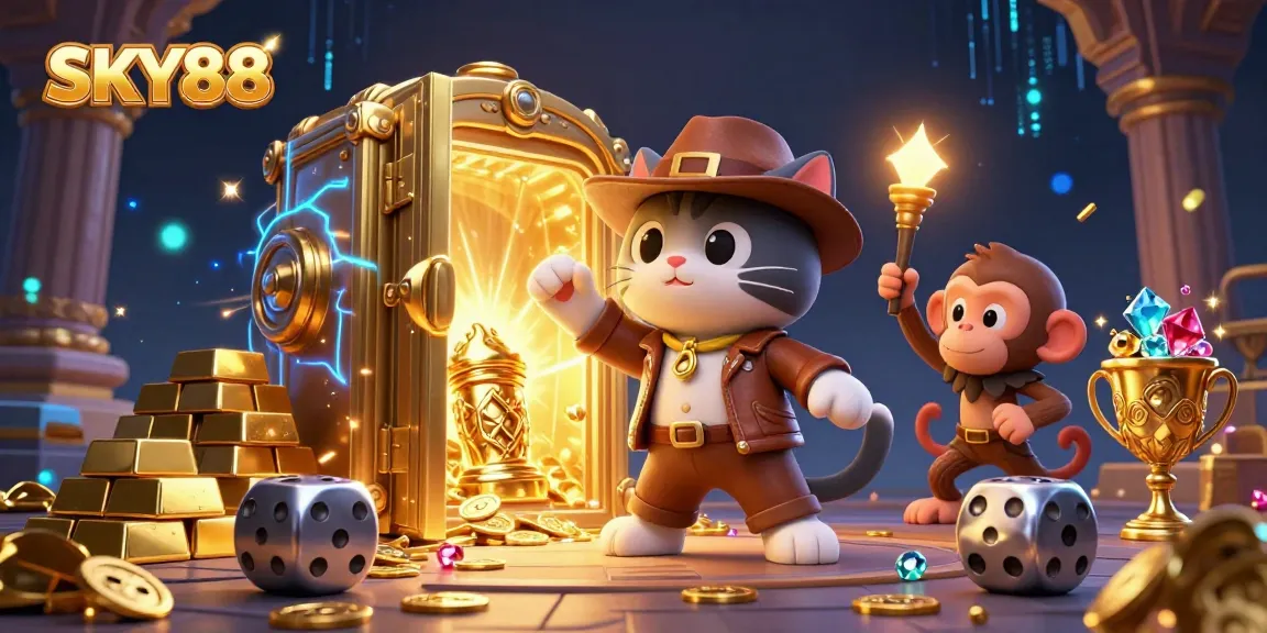 SKY88 offers an exhilarating casino adventure with a treasure-filled 3D scene featuring exciting game elements.