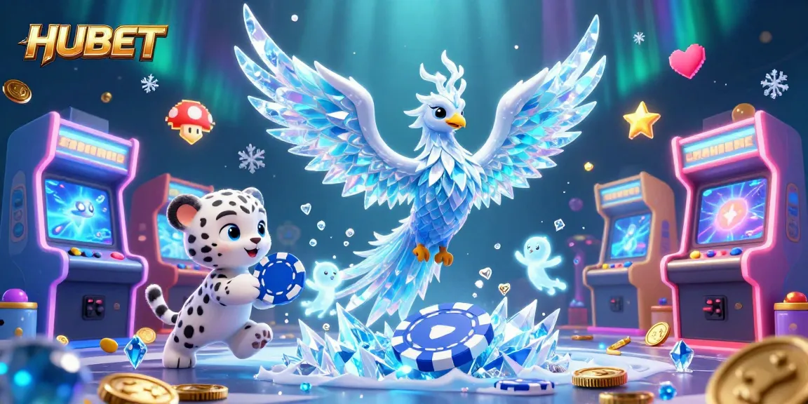 Experience the excitement of HUBET with a dazzling 3D scene featuring an enchanting ice phoenix and gaming elements.