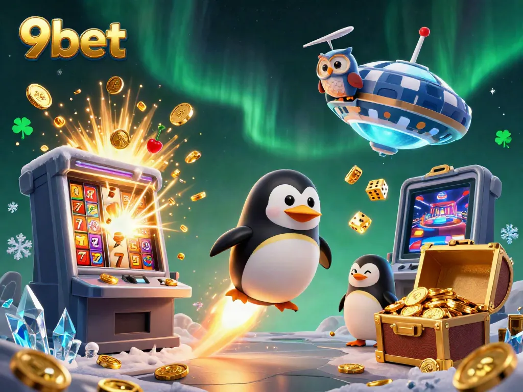 Experience the thrilling excitement of 9bet with a cartoon penguin in a vibrant casino space adventure.