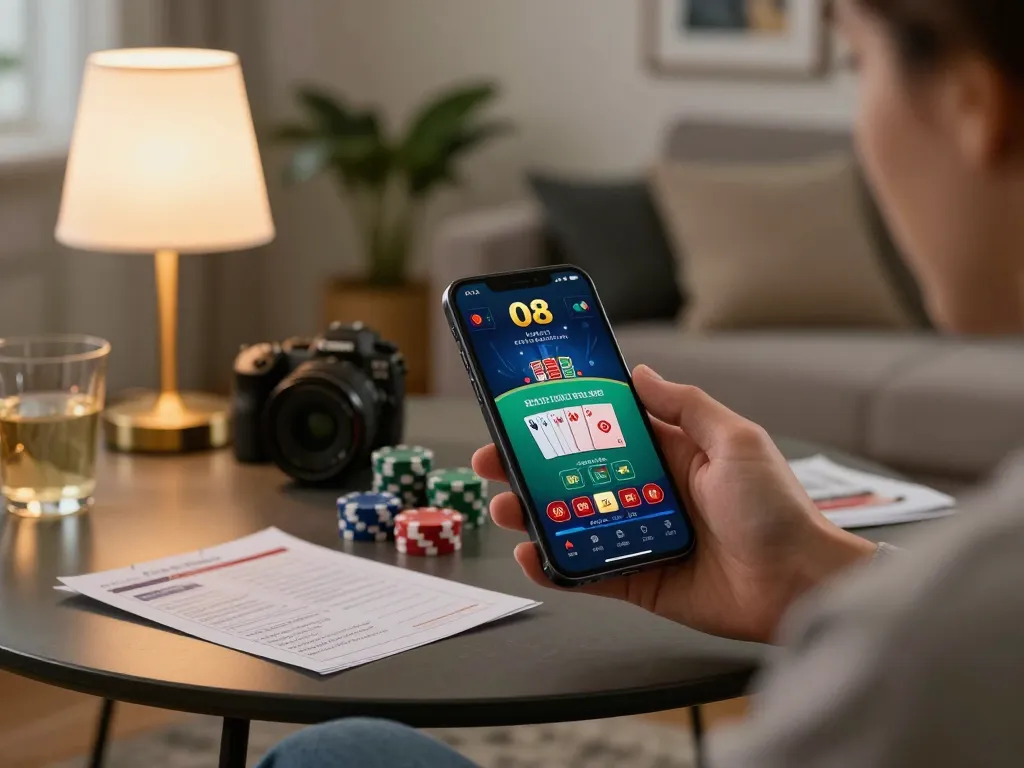 Player enjoying O8 casino app on smartphone with blackjack game interface in cozy home setting.