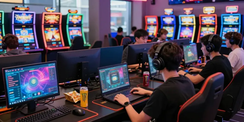 Nohuwin online gaming scene with players, slot machines, and a vibrant atmosphere.