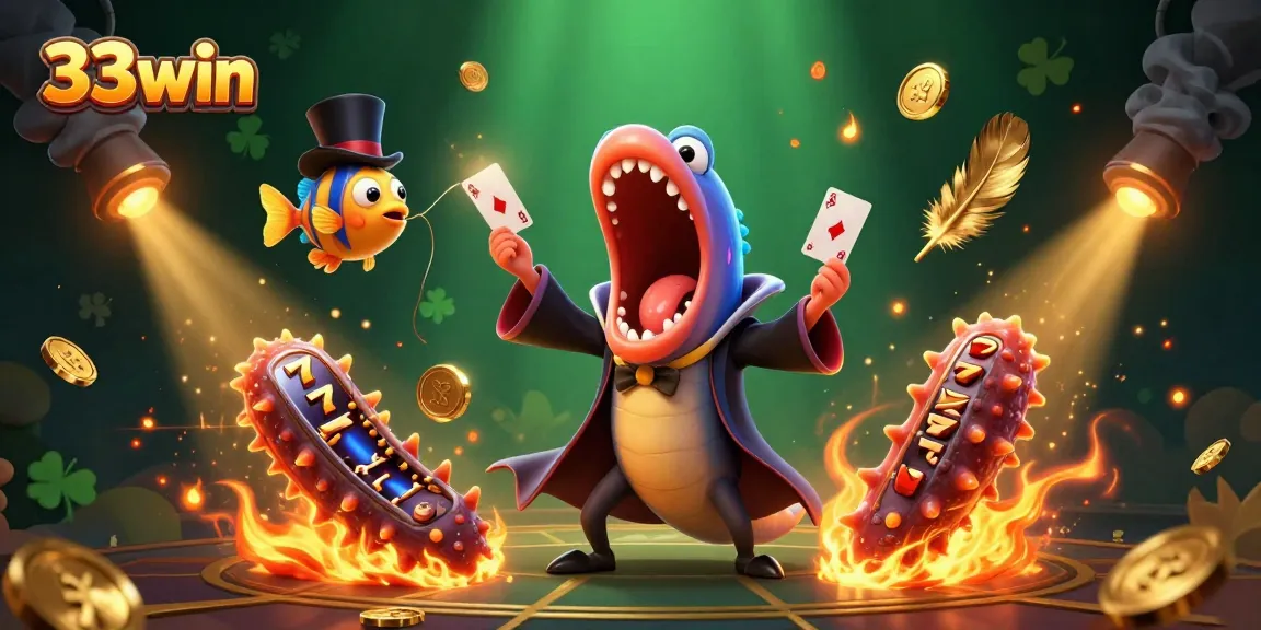Engage in thrilling gameplay with 33win's vibrant slot games featuring a lively scene of magical sea creatures performing stunning tricks.