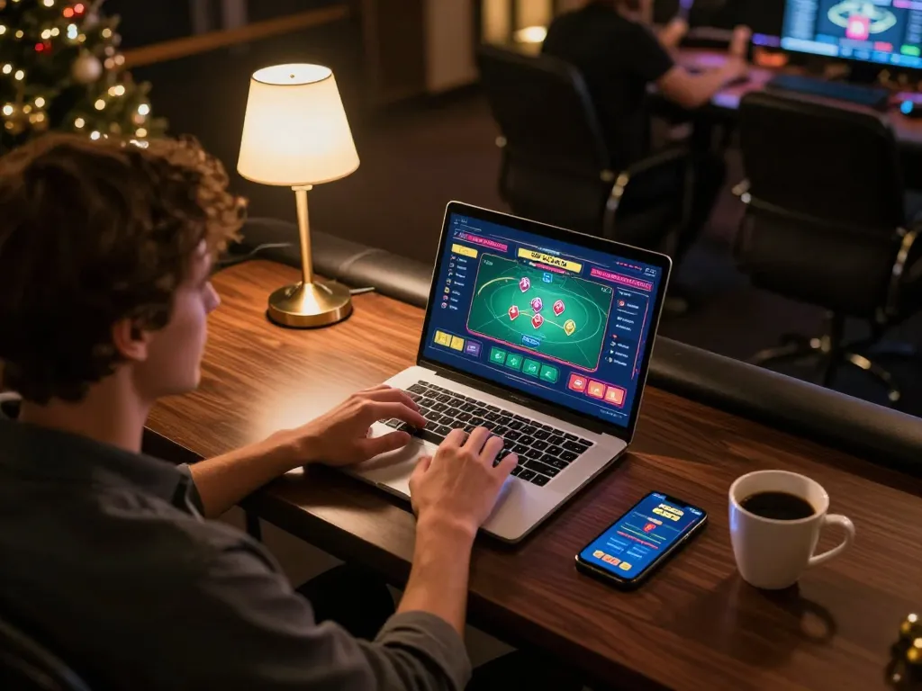 MM88 player engaging in a strategic poker game on a laptop, showcasing online casino experience