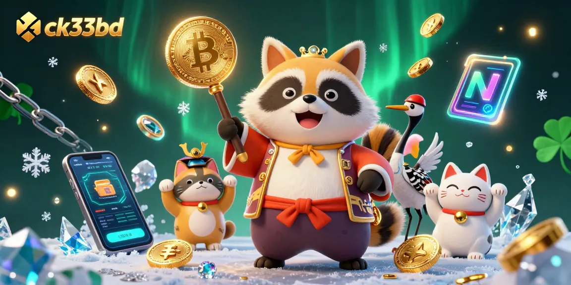 Win big at ck33bd with this vibrant 3D illustration featuring a festive tanuki and fortune cats amidst crypto elements.